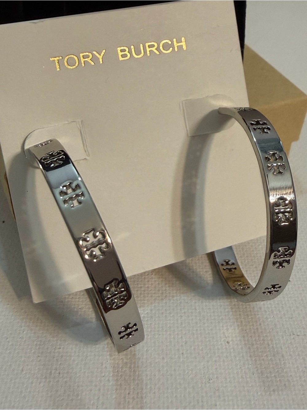 Tory Burch Pierced T Cutout Logo Hoop Earrings - Silver Tone